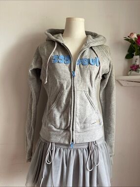 Gray Zip-Up Hoodie with Blue Appliqué